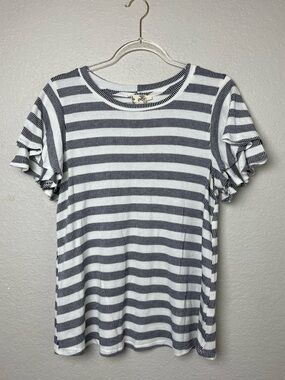 Blu Pepper Navy & White Striped Ruffle Sleeve Tee Size L